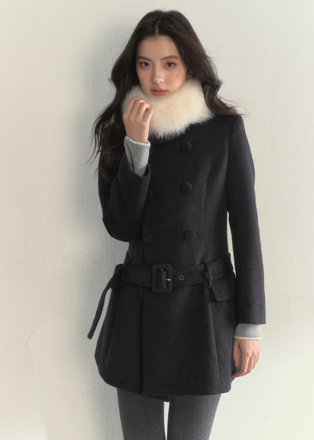 SunsetPark winter coat, double breasted wool coat, vintage lady coat, soft belted mid-length coat, furry collar winter jacket, elegant Korean winter outfit, feminine warm wool coat, cozy romantic winter style, ivory vintage coat, black vintage winter coat, soft lady coat, dreamy winter fashion, gentle warm belted coat, retro princess coat, AW Korean chic coat