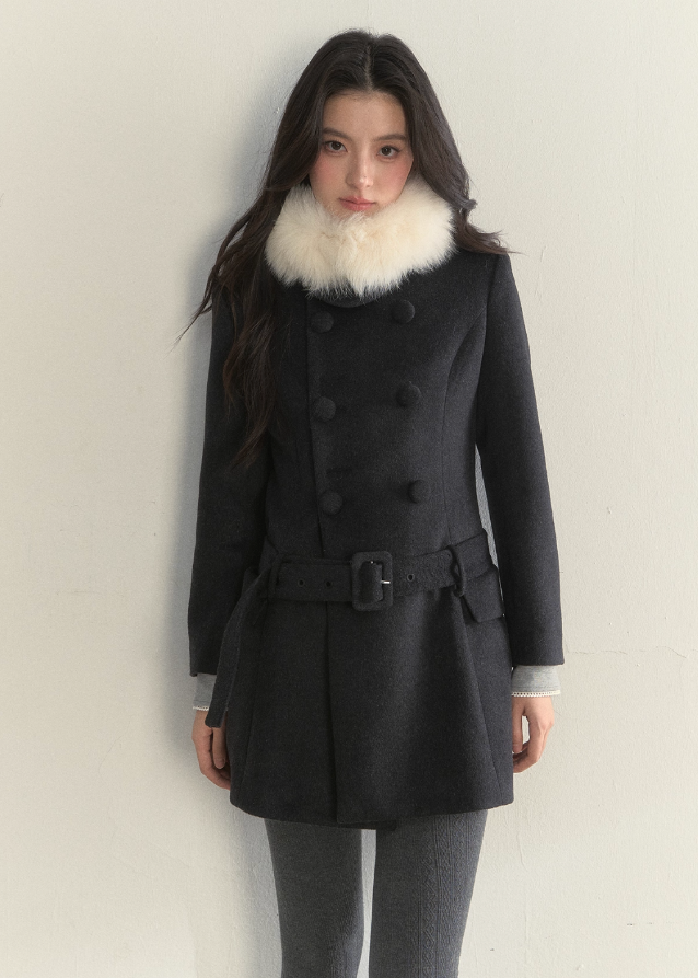 SunsetPark winter coat, double breasted wool coat, vintage lady coat, soft belted mid-length coat, furry collar winter jacket, elegant Korean winter outfit, feminine warm wool coat, cozy romantic winter style, ivory vintage coat, black vintage winter coat, soft lady coat, dreamy winter fashion, gentle warm belted coat, retro princess coat, AW Korean chic coat