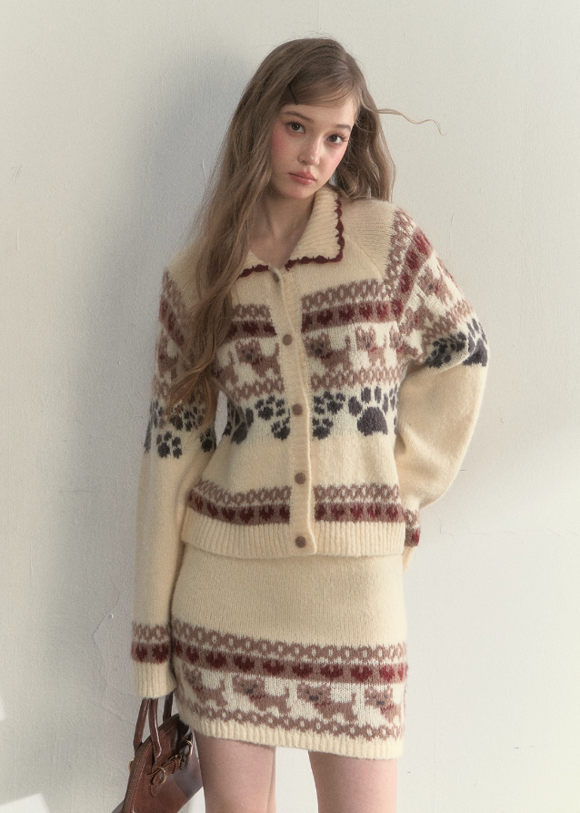 SunsetPark knit set, puppy fair isle sweater, vintage preppy knit outfit, cute winter knit set, Korean girly knitwear, warm cozy knit two piece, fair isle dog pattern sweater, puppy pattern cardigan and skirt, AW preppy knit style, feminine winter clothing, soft warm knit outfit, cute college girl knit set, brown fair isle knit, ivory fair isle knit