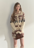 SunsetPark knit set, puppy fair isle sweater, vintage preppy knit outfit, cute winter knit set, Korean girly knitwear, warm cozy knit two piece, fair isle dog pattern sweater, puppy pattern cardigan and skirt, AW preppy knit style, feminine winter clothing, soft warm knit outfit, cute college girl knit set, brown fair isle knit, ivory fair isle knit