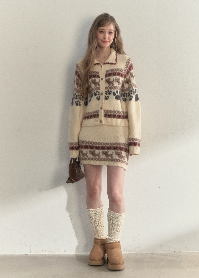SunsetPark knit set, puppy fair isle sweater, vintage preppy knit outfit, cute winter knit set, Korean girly knitwear, warm cozy knit two piece, fair isle dog pattern sweater, puppy pattern cardigan and skirt, AW preppy knit style, feminine winter clothing, soft warm knit outfit, cute college girl knit set, brown fair isle knit, ivory fair isle knit