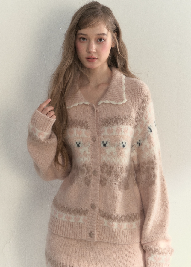 SunsetPark knit set, puppy fair isle sweater, vintage preppy knit outfit, cute winter knit set, Korean girly knitwear, warm cozy knit two piece, fair isle dog pattern sweater, puppy pattern cardigan and skirt, AW preppy knit style, feminine winter clothing, soft warm knit outfit, cute college girl knit set, brown fair isle knit, ivory fair isle knit