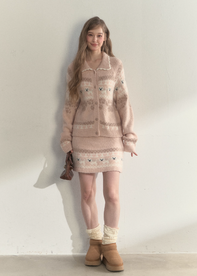 SunsetPark knit set, puppy fair isle sweater, vintage preppy knit outfit, cute winter knit set, Korean girly knitwear, warm cozy knit two piece, fair isle dog pattern sweater, puppy pattern cardigan and skirt, AW preppy knit style, feminine winter clothing, soft warm knit outfit, cute college girl knit set, brown fair isle knit, ivory fair isle knit