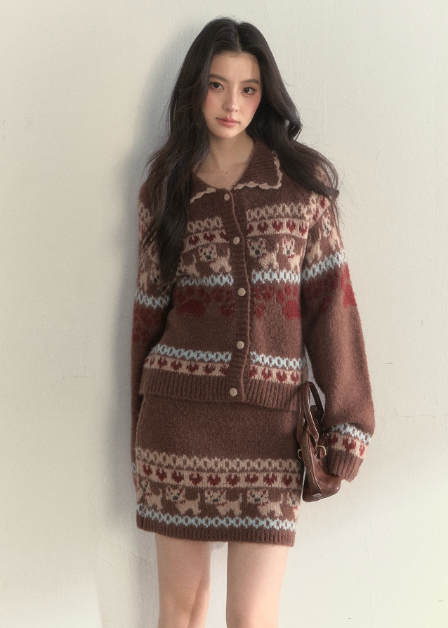 SunsetPark knit set, puppy fair isle sweater, vintage preppy knit outfit, cute winter knit set, Korean girly knitwear, warm cozy knit two piece, fair isle dog pattern sweater, puppy pattern cardigan and skirt, AW preppy knit style, feminine winter clothing, soft warm knit outfit, cute college girl knit set, brown fair isle knit, ivory fair isle knit