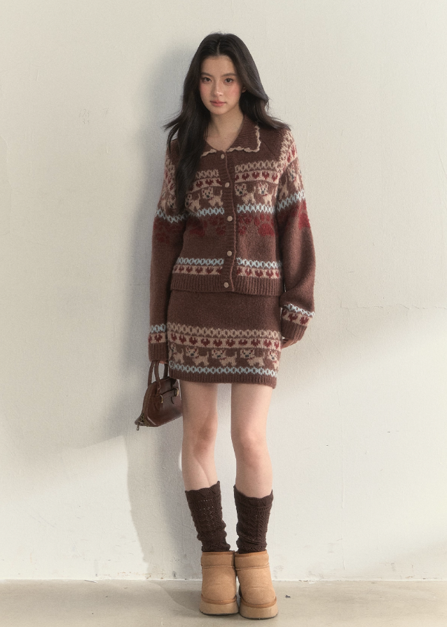 SunsetPark knit set, puppy fair isle sweater, vintage preppy knit outfit, cute winter knit set, Korean girly knitwear, warm cozy knit two piece, fair isle dog pattern sweater, puppy pattern cardigan and skirt, AW preppy knit style, feminine winter clothing, soft warm knit outfit, cute college girl knit set, brown fair isle knit, ivory fair isle knit