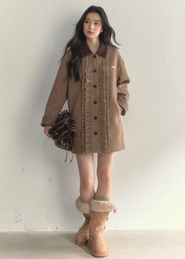 SunsetPark wool coat, vintage college coat, khaki houndstooth coat, lace trim wool jacket, feminine winter outerwear, cozy Korean preppy coat, warm wool dress coat, girly vintage coat, autumn winter cute coat, lace fungus trim coat, soft preppy winter outfit, warm khaki coat women