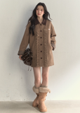 SunsetPark wool coat, vintage college coat, khaki houndstooth coat, lace trim wool jacket, feminine winter outerwear, cozy Korean preppy coat, warm wool dress coat, girly vintage coat, autumn winter cute coat, lace fungus trim coat, soft preppy winter outfit, warm khaki coat women