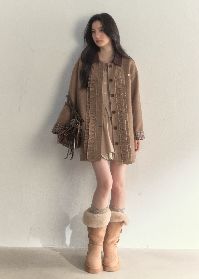 SunsetPark wool coat, vintage college coat, khaki houndstooth coat, lace trim wool jacket, feminine winter outerwear, cozy Korean preppy coat, warm wool dress coat, girly vintage coat, autumn winter cute coat, lace fungus trim coat, soft preppy winter outfit, warm khaki coat women