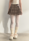 SunsetPark pleated skirt, brown plaid mini skirt, pink buckle skirt, vintage check skirt, Korean girly bottom, warm winter skirt, soft preppy plaid skirt, cute buckle detail skirt, college girl plaid mini, feminine Korean fashion, autumn winter cute skirt, vintage brown plaid pleated skirt