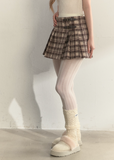 SunsetPark pleated skirt, brown plaid mini skirt, pink buckle skirt, vintage check skirt, Korean girly bottom, warm winter skirt, soft preppy plaid skirt, cute buckle detail skirt, college girl plaid mini, feminine Korean fashion, autumn winter cute skirt, vintage brown plaid pleated skirt