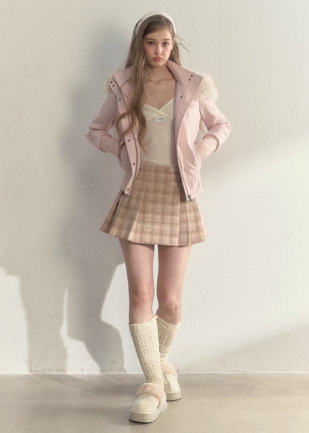 SunsetPark pleated skirt, brown plaid mini skirt, pink buckle skirt, vintage check skirt, Korean girly bottom, warm winter skirt, soft preppy plaid skirt, cute buckle detail skirt, college girl plaid mini, feminine Korean fashion, autumn winter cute skirt, vintage brown plaid pleated skirt