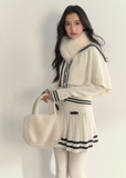 SunsetPark knit set, navy collar knit cape, vintage sailor outfit, twist knit sweater set, winter pleated skirt set, feminine old-fashioned style, cozy Korean winter knit, cream sailor knit top, navy trim pleated skirt, romantic winter outfit, girly vintage knitwear, classic sailor collar set, AW Korean fashion set
