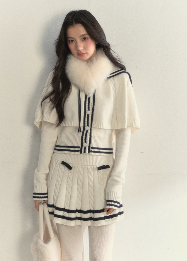 SunsetPark knit set, navy collar knit cape, vintage sailor outfit, twist knit sweater set, winter pleated skirt set, feminine old-fashioned style, cozy Korean winter knit, cream sailor knit top, navy trim pleated skirt, romantic winter outfit, girly vintage knitwear, classic sailor collar set, AW Korean fashion set