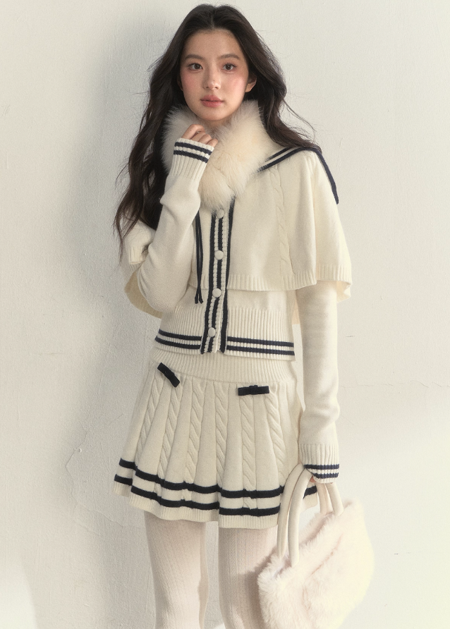 SunsetPark knit set, navy collar knit cape, vintage sailor outfit, twist knit sweater set, winter pleated skirt set, feminine old-fashioned style, cozy Korean winter knit, cream sailor knit top, navy trim pleated skirt, romantic winter outfit, girly vintage knitwear, classic sailor collar set, AW Korean fashion set
