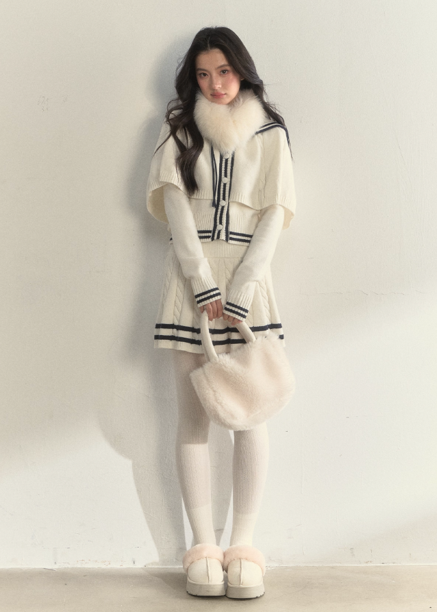 SunsetPark knit set, navy collar knit cape, vintage sailor outfit, twist knit sweater set, winter pleated skirt set, feminine old-fashioned style, cozy Korean winter knit, cream sailor knit top, navy trim pleated skirt, romantic winter outfit, girly vintage knitwear, classic sailor collar set, AW Korean fashion set