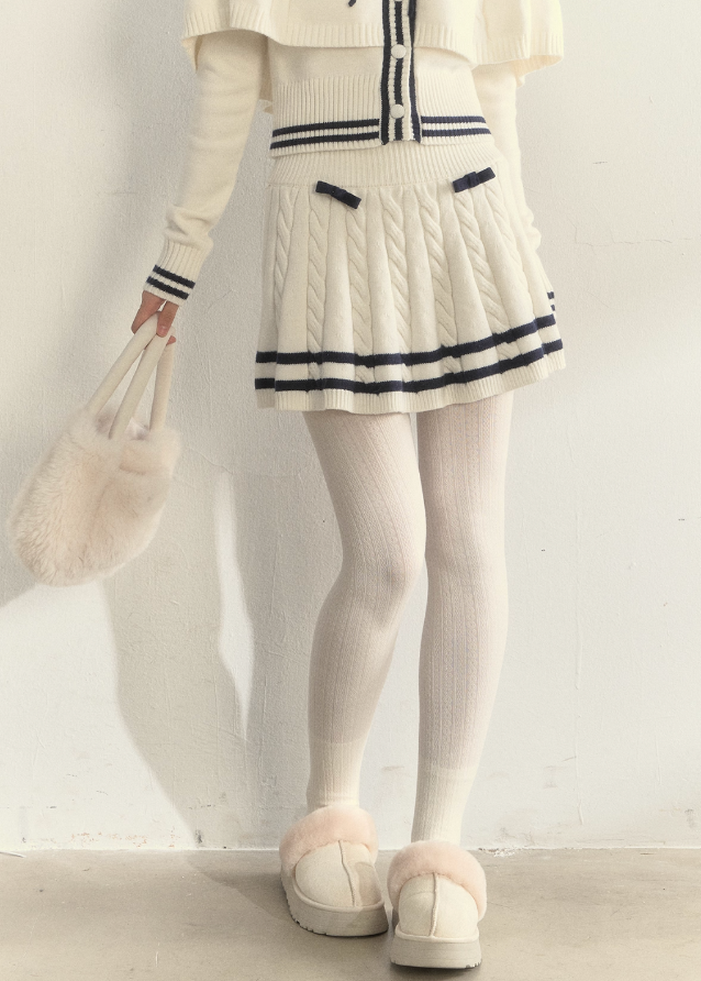 SunsetPark knit set, navy collar knit cape, vintage sailor outfit, twist knit sweater set, winter pleated skirt set, feminine old-fashioned style, cozy Korean winter knit, cream sailor knit top, navy trim pleated skirt, romantic winter outfit, girly vintage knitwear, classic sailor collar set, AW Korean fashion set