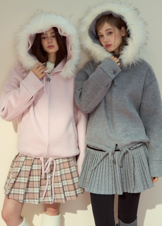 SunsetPark winter jacket, fur collar wool coat, cozy girly winter top, pink gray wool jacket, soft fluffy collar coat, Korean cute winter outerwear, warm cozy woolen jacket, feminine winter coat women, pastel winter jacket, AW soft wool coat, fluffy trim hood coat, cute Korean warm jacket, winter romantic outfit