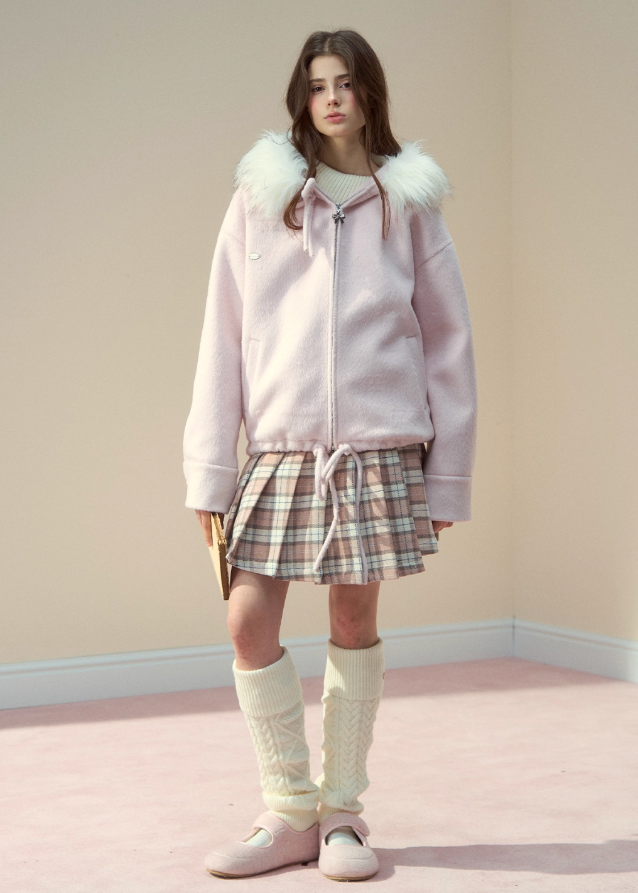 SunsetPark winter jacket, fur collar wool coat, cozy girly winter top, pink gray wool jacket, soft fluffy collar coat, Korean cute winter outerwear, warm cozy woolen jacket, feminine winter coat women, pastel winter jacket, AW soft wool coat, fluffy trim hood coat, cute Korean warm jacket, winter romantic outfit