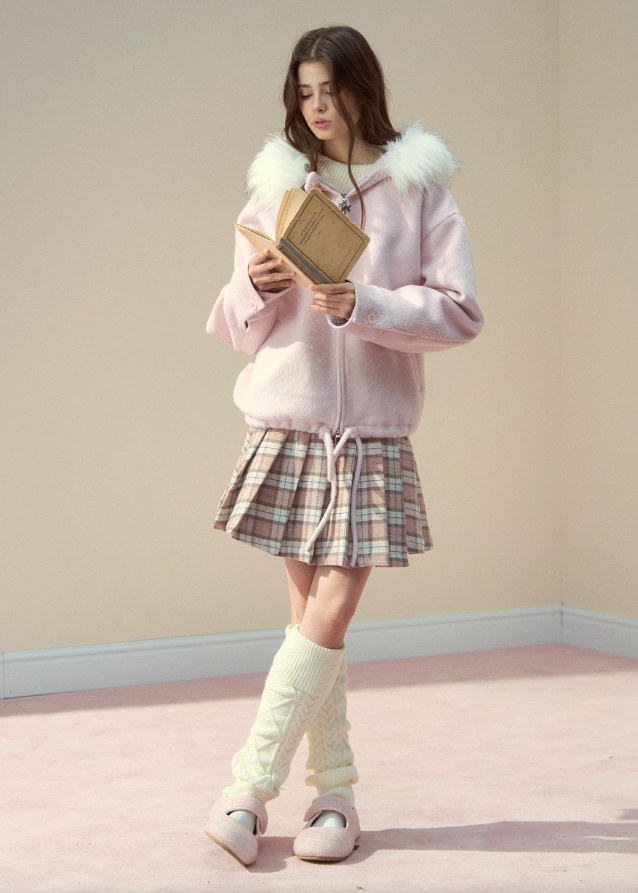 SunsetPark winter jacket, fur collar wool coat, cozy girly winter top, pink gray wool jacket, soft fluffy collar coat, Korean cute winter outerwear, warm cozy woolen jacket, feminine winter coat women, pastel winter jacket, AW soft wool coat, fluffy trim hood coat, cute Korean warm jacket, winter romantic outfit