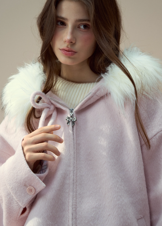SunsetPark winter jacket, fur collar wool coat, cozy girly winter top, pink gray wool jacket, soft fluffy collar coat, Korean cute winter outerwear, warm cozy woolen jacket, feminine winter coat women, pastel winter jacket, AW soft wool coat, fluffy trim hood coat, cute Korean warm jacket, winter romantic outfit