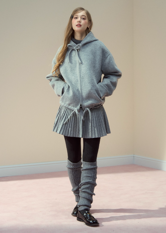 SunsetPark winter jacket, fur collar wool coat, cozy girly winter top, pink gray wool jacket, soft fluffy collar coat, Korean cute winter outerwear, warm cozy woolen jacket, feminine winter coat women, pastel winter jacket, AW soft wool coat, fluffy trim hood coat, cute Korean warm jacket, winter romantic outfit