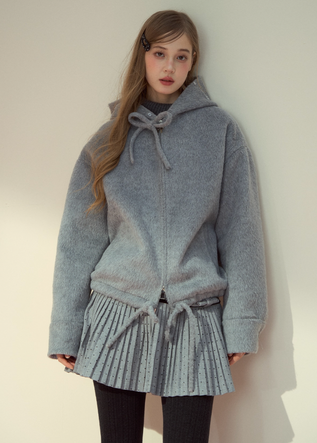 SunsetPark winter jacket, fur collar wool coat, cozy girly winter top, pink gray wool jacket, soft fluffy collar coat, Korean cute winter outerwear, warm cozy woolen jacket, feminine winter coat women, pastel winter jacket, AW soft wool coat, fluffy trim hood coat, cute Korean warm jacket, winter romantic outfit