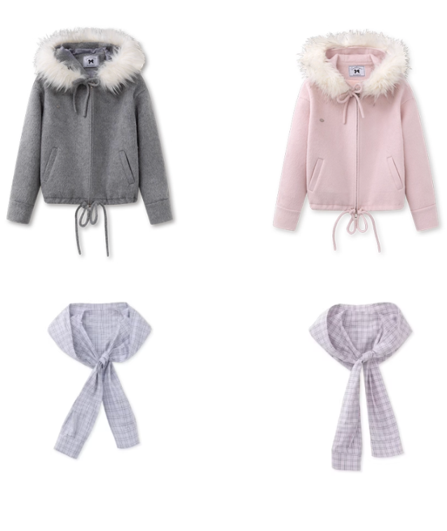 SunsetPark winter jacket, fur collar wool coat, cozy girly winter top, pink gray wool jacket, soft fluffy collar coat, Korean cute winter outerwear, warm cozy woolen jacket, feminine winter coat women, pastel winter jacket, AW soft wool coat, fluffy trim hood coat, cute Korean warm jacket, winter romantic outfit