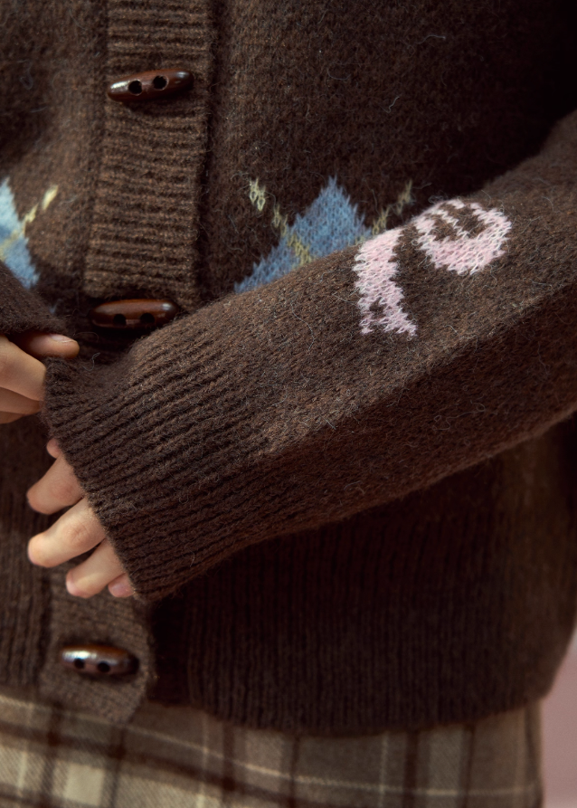 SunsetPark wool jacket, bow fair isle knit, horn button cardigan, girly winter knitwear, soft cozy wool sweater, Korean cute winter jacket, ribbon pattern knit, fair isle bow cardigan, feminine warm knit top, winter soft girl outfit, cute fair isle sweater, AW Korean fashion knitwear