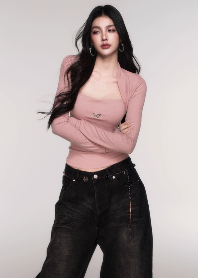 LuluSwings knit top, fake two piece long sleeve, slim fit layered top, Korean stylish slim tee, trendy hot girl top, modern layered sleeve knit, body contour knitwear, black layered knit top, pink slim knit top, fashionable Korean long sleeve, sexy city girl style top, AW fitted knit shirt, trendy dual sleeve top women