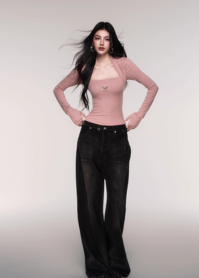 LuluSwings knit top, fake two piece long sleeve, slim fit layered top, Korean stylish slim tee, trendy hot girl top, modern layered sleeve knit, body contour knitwear, black layered knit top, pink slim knit top, fashionable Korean long sleeve, sexy city girl style top, AW fitted knit shirt, trendy dual sleeve top women