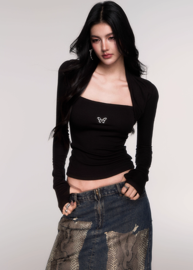 LuluSwings knit top, fake two piece long sleeve, slim fit layered top, Korean stylish slim tee, trendy hot girl top, modern layered sleeve knit, body contour knitwear, black layered knit top, pink slim knit top, fashionable Korean long sleeve, sexy city girl style top, AW fitted knit shirt, trendy dual sleeve top women