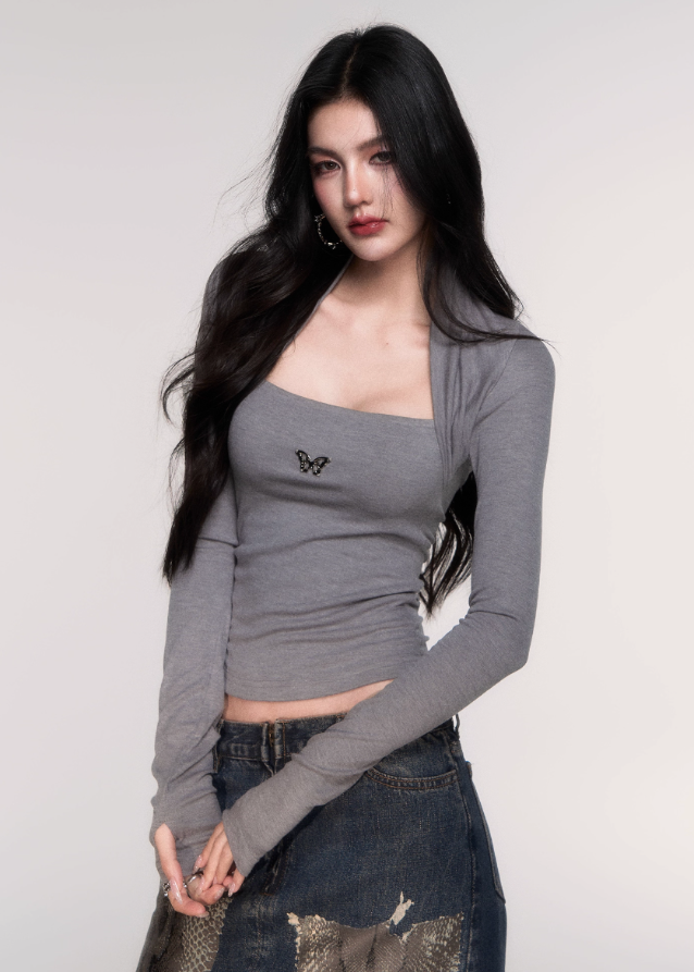 LuluSwings knit top, fake two piece long sleeve, slim fit layered top, Korean stylish slim tee, trendy hot girl top, modern layered sleeve knit, body contour knitwear, black layered knit top, pink slim knit top, fashionable Korean long sleeve, sexy city girl style top, AW fitted knit shirt, trendy dual sleeve top women