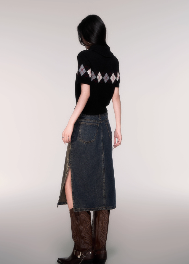 LuluSwings argyle knit top, cropped high neck sweater, preppy chic knitwear, trendy argyle short sleeve, Korean stylish knit top, modern preppy crop shirt, rhombus pattern knit, trendy nerd style top, black argyle cropped knit, city girl knitwear, AW casual chic tops, stylish Korean winter layering top