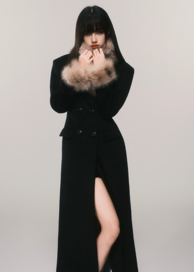 LuluSwings tweed coat, hourglass waist long coat, fur collar tweed jacket, detachable scarf coat, retro elegant wool coat, Korean stylish winter outerwear, luxury city girl coat, sculpted waist tweed coat, brown fur trim long coat, high fashion winter jacket, AW stylish coat women, chic fur cuff coat