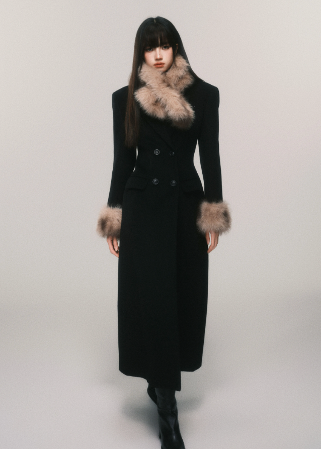 LuluSwings tweed coat, hourglass waist long coat, fur collar tweed jacket, detachable scarf coat, retro elegant wool coat, Korean stylish winter outerwear, luxury city girl coat, sculpted waist tweed coat, brown fur trim long coat, high fashion winter jacket, AW stylish coat women, chic fur cuff coat