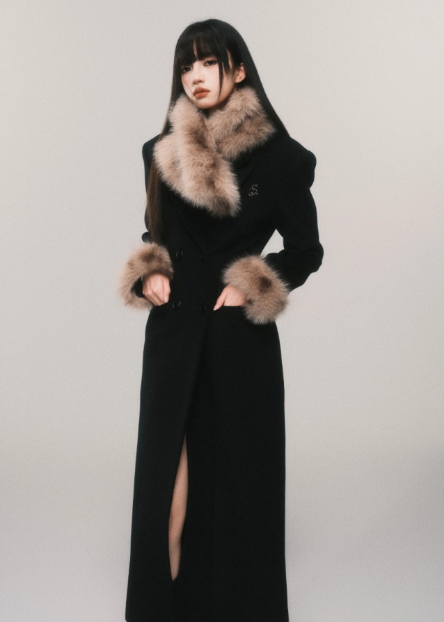 LuluSwings tweed coat, hourglass waist long coat, fur collar tweed jacket, detachable scarf coat, retro elegant wool coat, Korean stylish winter outerwear, luxury city girl coat, sculpted waist tweed coat, brown fur trim long coat, high fashion winter jacket, AW stylish coat women, chic fur cuff coat