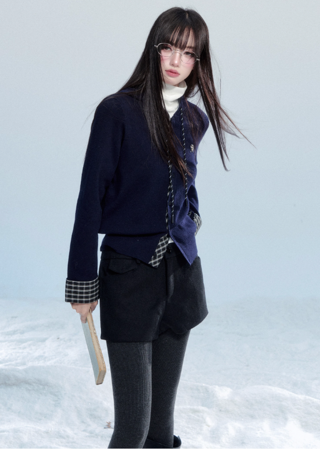 Fragile Heart knit cardigan, plaid patchwork hoodie, Korean girly knit top, layered look knit cardigan, soft feminine hoodie, navy plaid knit jacket, cute Korean hooded cardigan, romantic winter knitwear, cozy patchwork sweater, feminine layered knit top, AW Korean fashion knit hoodie