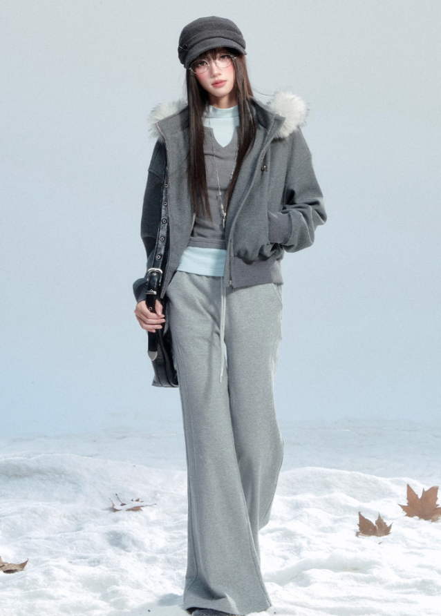 Fragile Heart fur collar hoodie, fluffy trim jacket, soft feminine winter hoodie, Korean girly zip-up coat, short cozy winter jacket, big fur collar sweatshirt, romantic warm hoodie, grey fluffy collar jacket, cute Korean outerwear, AW soft girl jackets, feminine winter hoodie coat