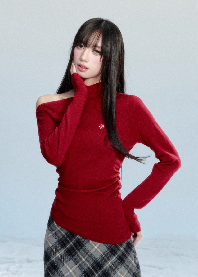 Fragile Heart off shoulder knit, red one shoulder top, Korean romantic sweater, feminine slanted shoulder knitwear, soft cotton knit top, gentle girly red sweater, trendy off-shoulder knit blouse, elegant Korean knitwear, winter romantic knit top, scarlet feminine top, AW Korean pretty girl style