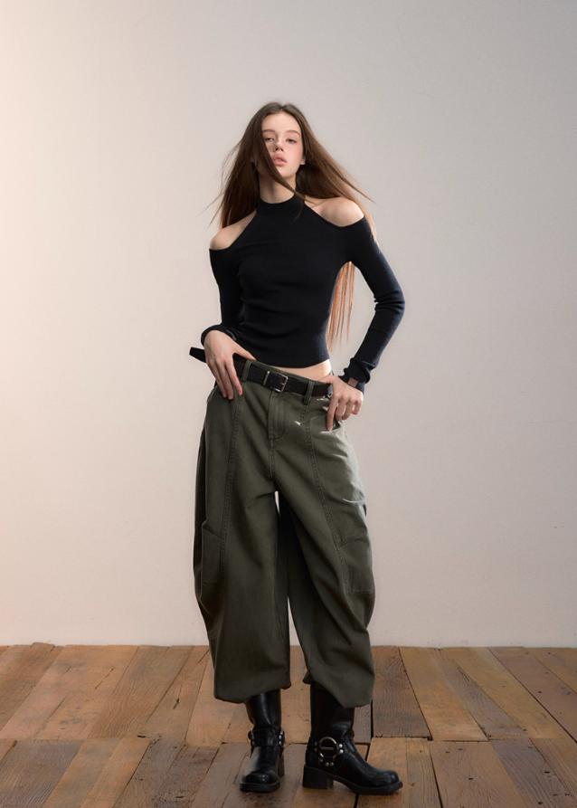 VIA PITTI pants, army green wide-leg pants, Y2K cargo trousers, loose utility slacks women, street style wide leg bottoms, Korean Y2K pants, fall winter army trousers, oversized cargo slacks, urban streetwear pants, VIA PITTI military style bottoms