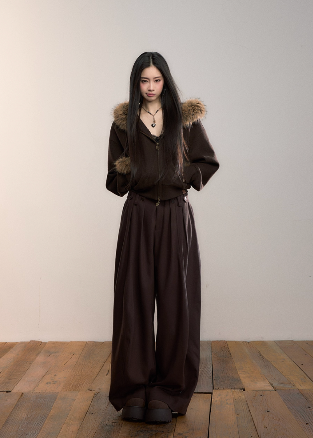 VIA PITTI wide pants, heavy pleat trousers, thick drape pants women, Y2K oversized trousers, high street wide-leg slacks, autumn winter pleated pants, Korean drape trousers, model-off-duty pants, VIA PITTI bottoms, loose fit straight trousers, streetwear wide pants