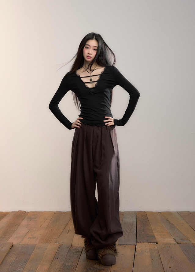 VIA PITTI wide pants, heavy pleat trousers, thick drape pants women, Y2K oversized trousers, high street wide-leg slacks, autumn winter pleated pants, Korean drape trousers, model-off-duty pants, VIA PITTI bottoms, loose fit straight trousers, streetwear wide pants
