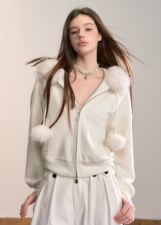 VIA PITTI fleece jacket, Y2K fur hood hoodie, faux fur fleece jacket, winter plush zip jacket, women’s fur ball hoodie, thickened fleece coat, Korean street fleece jacket, cozy winter hoodie, VIA PITTI outerwear, soft girl winter jacket, warm fluffy hood jacket