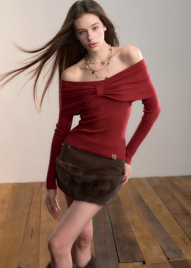 VIA PITTI knit top, Y2K bow sweater, off shoulder knit top, big bow off shoulder shirt, folded bow knitwear, women’s autumn winter knit top, sexy off shoulder long sleeve, Korean street knit top, soft girl sweater, trendy bow sweater, VIA PITTI winter top