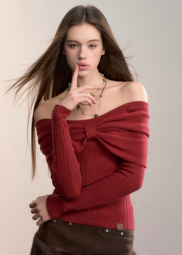 VIA PITTI knit top, Y2K bow sweater, off shoulder knit top, big bow off shoulder shirt, folded bow knitwear, women’s autumn winter knit top, sexy off shoulder long sleeve, Korean street knit top, soft girl sweater, trendy bow sweater, VIA PITTI winter top