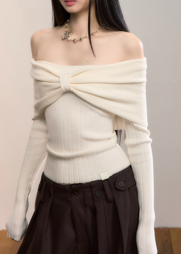 VIA PITTI knit top, Y2K bow sweater, off shoulder knit top, big bow off shoulder shirt, folded bow knitwear, women’s autumn winter knit top, sexy off shoulder long sleeve, Korean street knit top, soft girl sweater, trendy bow sweater, VIA PITTI winter top
