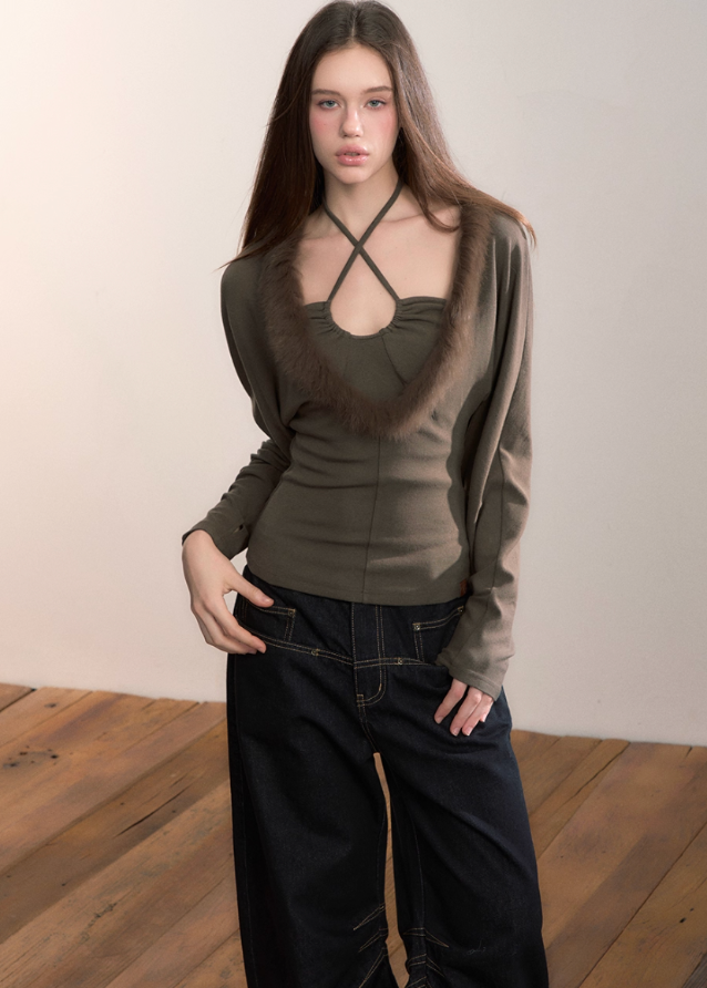 VIA PITTI knit top, faux fox fur halter top, Y2K fur trim top, cross-strap knitwear, winter sexy knit top, fur patchwork sweater, women’s halter long sleeve top, Korean Y2K knitwear, VIA PITTI autumn winter top, slim fit halter knit top, trendy fur trim shirt