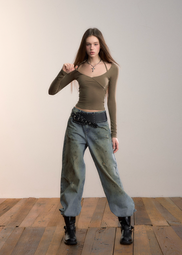 VIA PITTI halterneck top, modal long sleeve top, Y2K slim fit tee, street style halter shirt, autumn winter modal top, soft stretch long sleeve, sexy halterneck women’s top, Korean Y2K top, VIA PITTI strap top, basic stylish modal tee