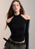 VIA PITTI off shoulder top, cutout turtleneck knit, Y2K wool blend top, sexy slim knitwear women, autumn winter street top, ribbed cut-out turtleneck, Korean Y2K knit top, VIA PITTI slim fit sweater, cold shoulder high neck top
