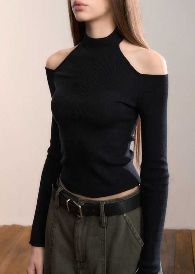 VIA PITTI off shoulder top, cutout turtleneck knit, Y2K wool blend top, sexy slim knitwear women, autumn winter street top, ribbed cut-out turtleneck, Korean Y2K knit top, VIA PITTI slim fit sweater, cold shoulder high neck top